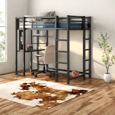 Space-saving Metal Loft Bed With Desk For Teens, Black