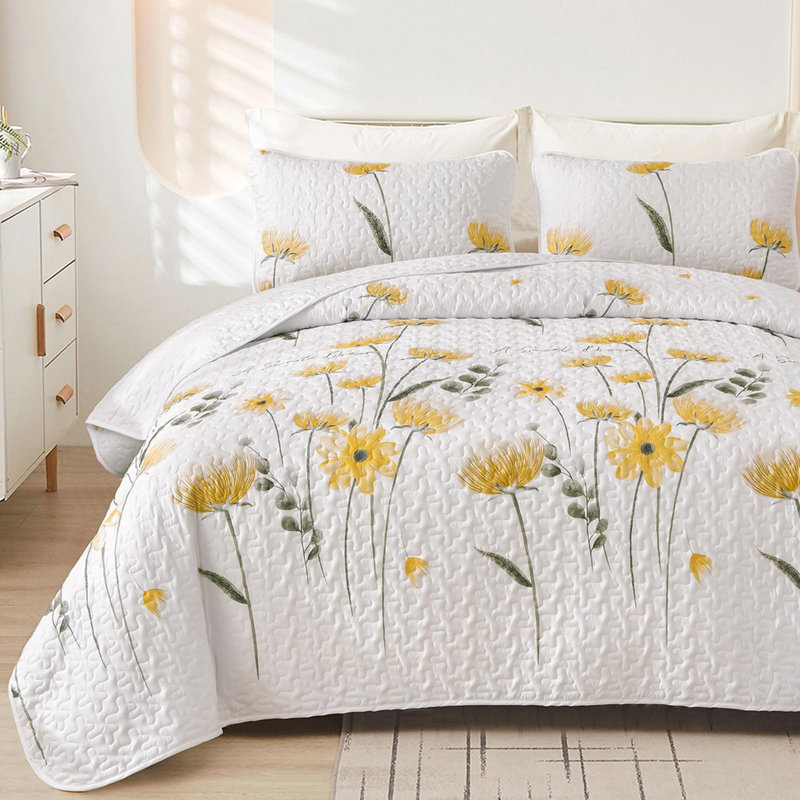 3 Pieces Floral Quilt Set Lightweight Farmhouse Style Coverlet Sets For All Season, Khaki, King Quilt + 2 King Shams