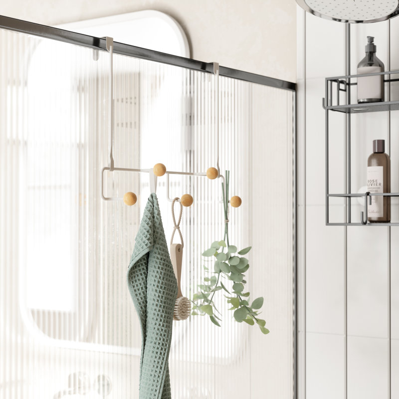 White Metal and Wood Over-the-Door 5-Hook Organizer