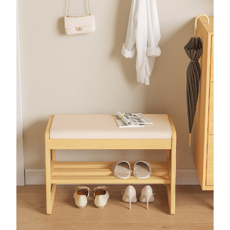 Simple Pine Wood Rattan Integrated Shoe-Changing Bench, Beige, 15.75" H x 39.37" W x 13.78" D