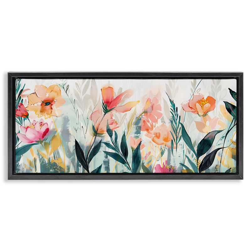 Cadre flottant Flower Garden Whispers, design par Elara Yasna, Cadre flottant noir de jais, H 11 po x l 25 po