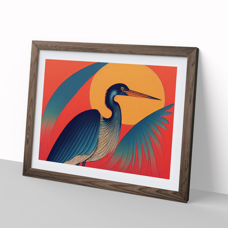 Artistic Heron Bird - Single Picture Frame Print, 34cm H x 46cm W x 2cm D, Walnut Framed