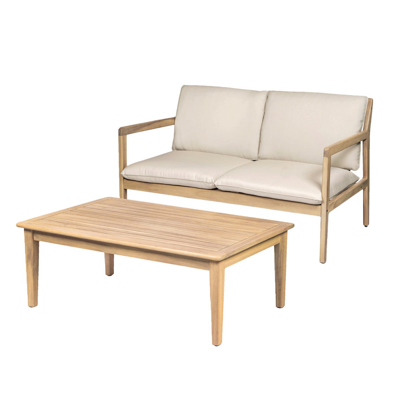 Causeuse d'extérieur en bois d'acacia avec table basse, structure en teck clair, coussin beige