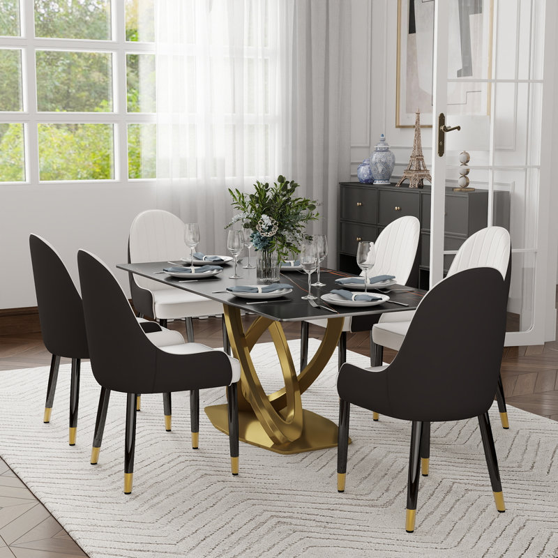 Ensemble de table de salle à manger moderne 7 pièces Zagan, Noir, Blanc / café / noir, H 29,53 po x L 70,84 po x P 35,43 po