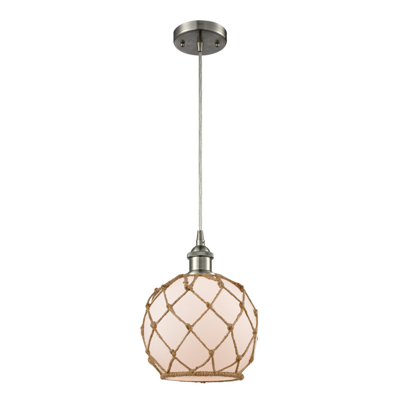 Luminaire suspendu en forme de globe à 1 lumière avec accents en corde Tobey, H 10 pi x l 8 po x P 8 po, Blanc / Brun
