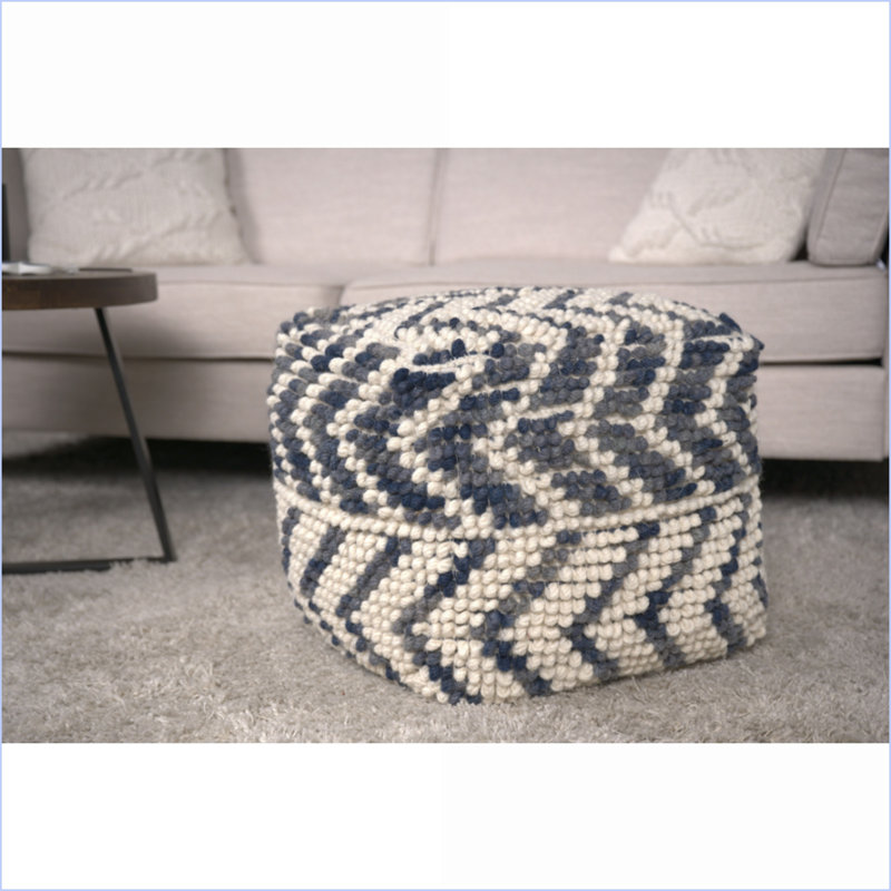 Pouf Ottoman, Casual 16x16x16 Wool Cotton Blend, Tan &amp; Sky Blue | Natural | Wool