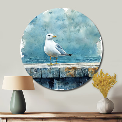 Mouette sur le quai I - art mural moderne en métal blanc, impression d'oiseau sur un cercle en métal