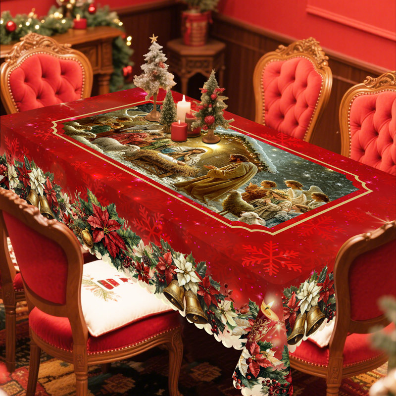 1pc Red Christmas Themed Lenart With Jesus' Birth Scene, Biblical Birth Of Jesus Lenart, Holiday Party Outdoor Decoration Lenart, Xmas Decor, Kitchen Accessories, Round Table Cloth, Table Cloth Rectangle Table, Christmas Gift