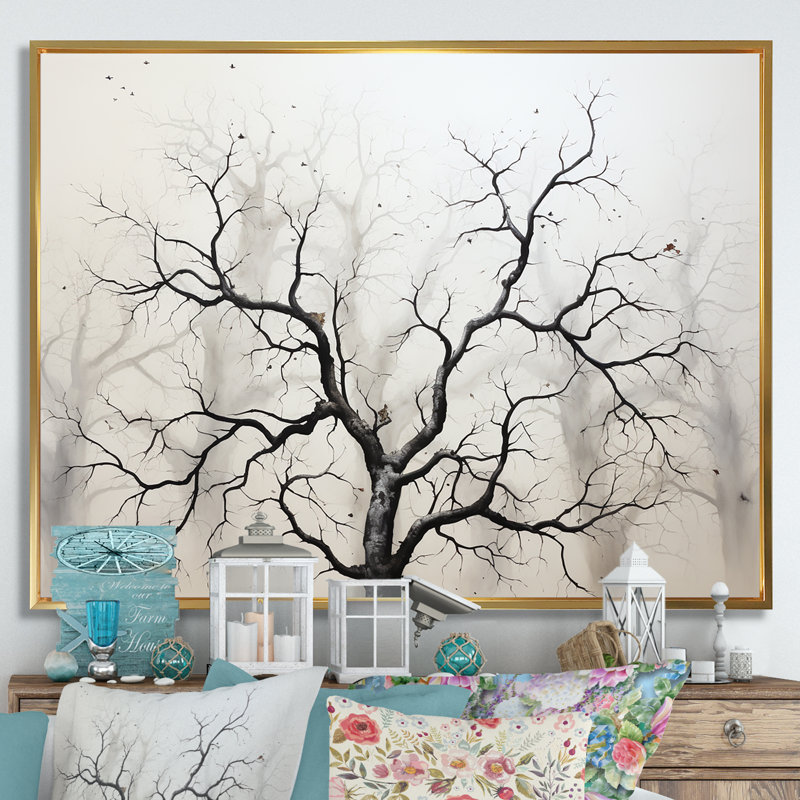 «White and Grey Minimalisme Maple Tree II», reproduction sur toile, H 34 po x l 44 po x P 1,5 po, Cadre flottant doré