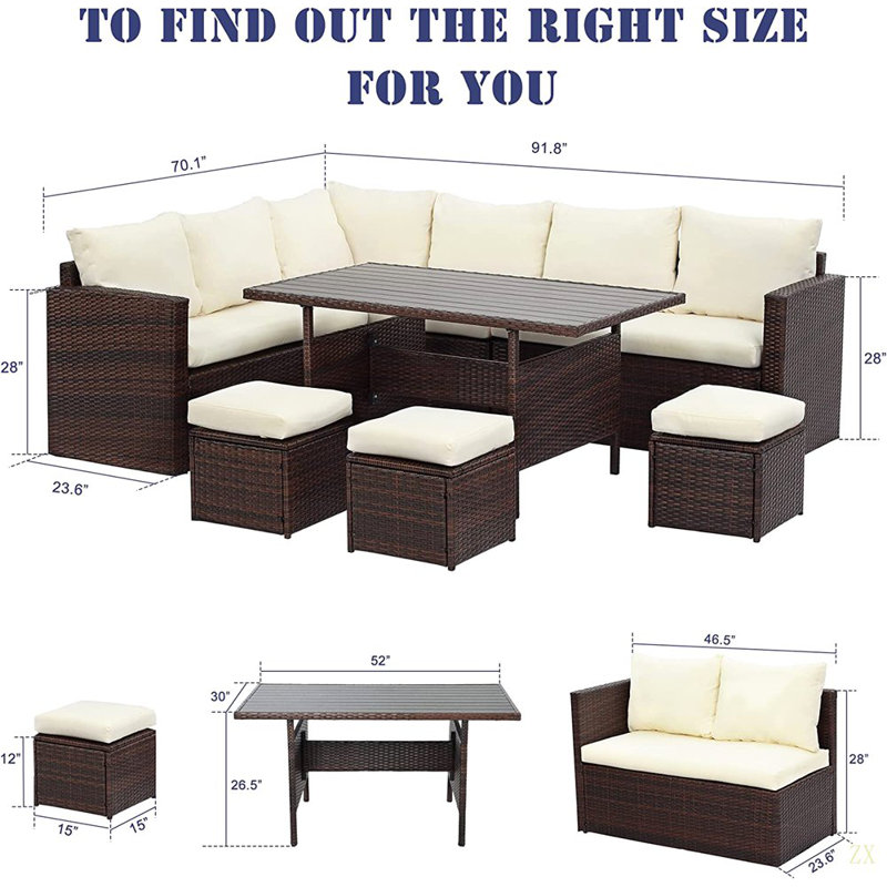Ensemble de canapé modulaire en rotin 7 pièces avec coussins 7 pièces, Ivoire ivoire