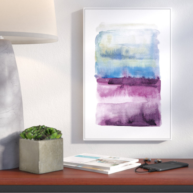 « au-delà du horizo », reproduction de peinture à l’aquarelle sur toile encadrée en bleu/mauve, H 18 po x l 12 po