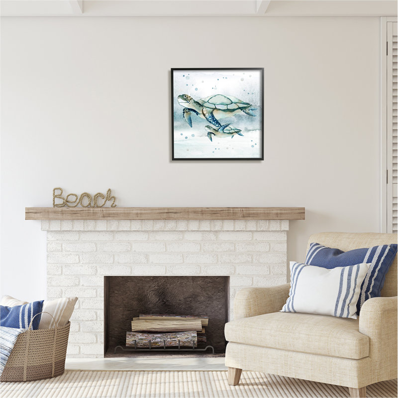 «Baby Sea Turtle Bubbles» encadré sur bois par Janet Tava, H 24 po x l 24 po x P 1,5 po, Giclée encadrée noir minuit