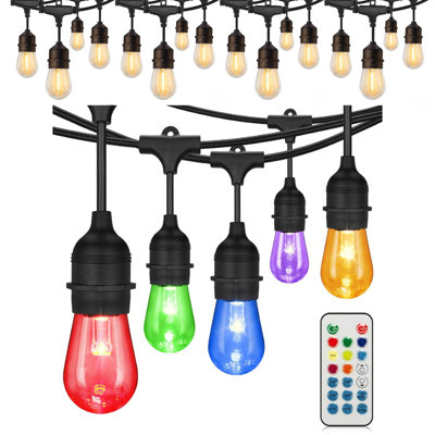 Guirlande de lumières d'extérieur avec ampoules à DEL S14, blanc chaud et télécommande à changement de couleur, qualité commerciale imperméable, écoénergétique, vie en plein air, lumières de cour