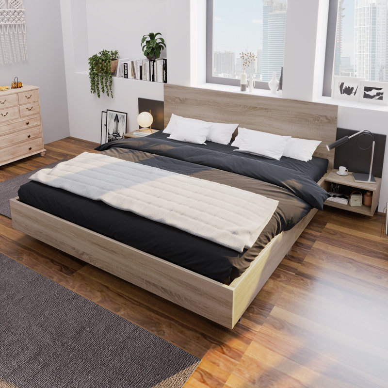 Wooden Platform Bed 160 x 200 cm with 2 Integrated Nightstands