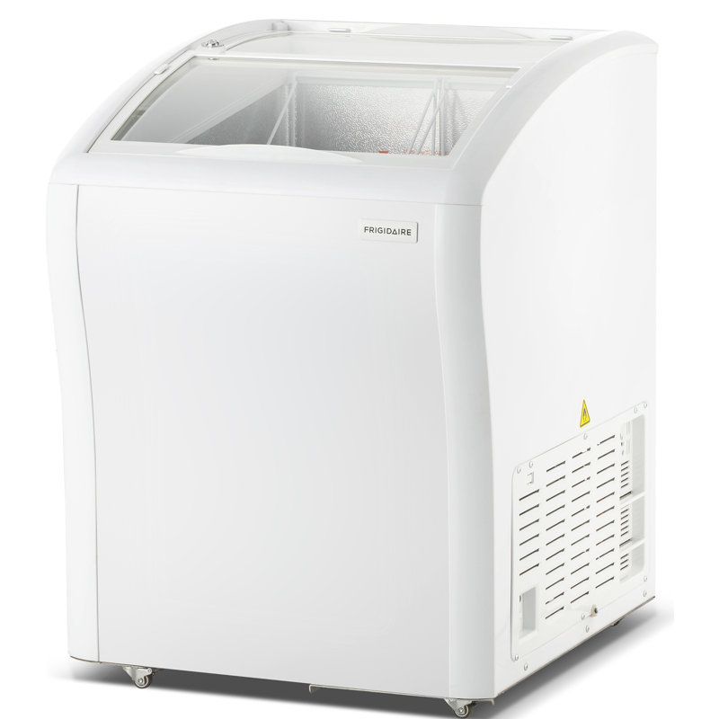 Frigidaire 4 Cu. Ft. Curved Glass Top Display Freezer, 110L Convertible Fridge Freezer with Lockable Glass Door and Castor Wheels, White