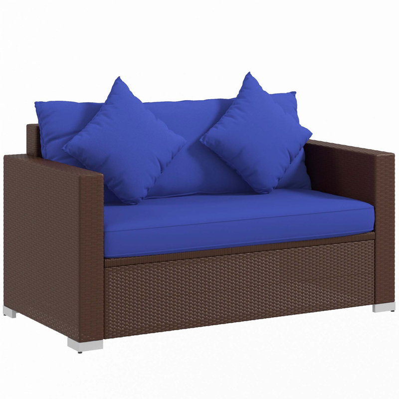 Outsunny Patio Wicker Loveseat With Cushions And Throw Pillows, Dark Blue Cushion/Brown Frame