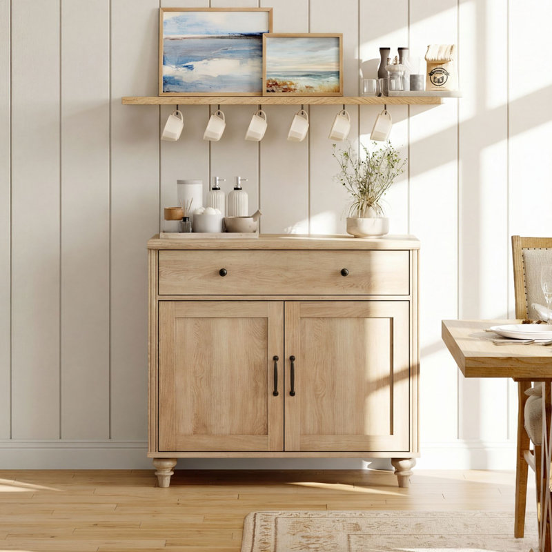 Scarlett Sideboard Buffet Cabinets With Doors And Drawers, Large Kitchen Storage Cabinets Wood Coffee Bar Tables With Storage, Modern Farmhouse Sideboard Credenza For Dining Room, Living Room, Oak, 34 Inch