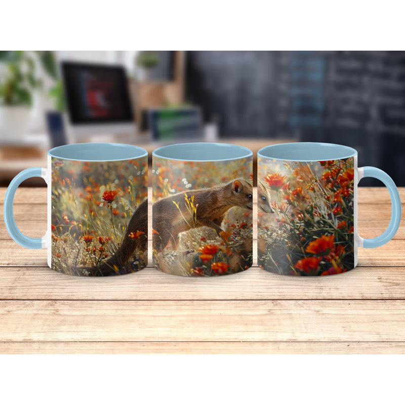 Set of 4 Animal Design 11oz Accent Mugs – Ceramic Coffee Cups with a Light Blue Handle and Interior