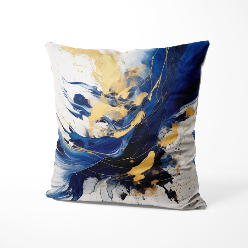 Coussin décoratif bleu foncé et doré Strokes V - coussin imprimé Fractals, H 16 po x l 16 po