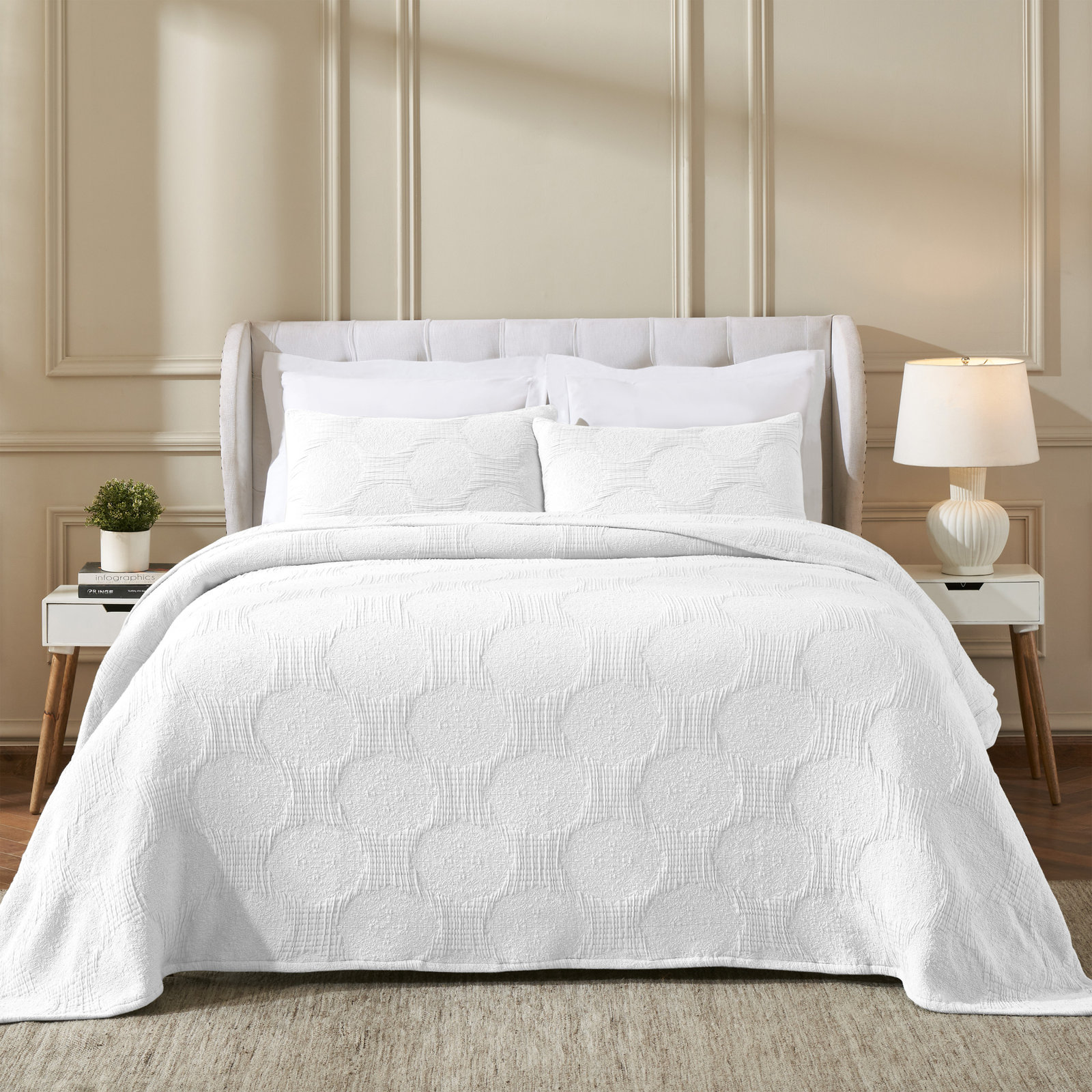 Tanta Cotton Medium Weight Textured Modern Circles Woven Coverlet, King Coverlet, White