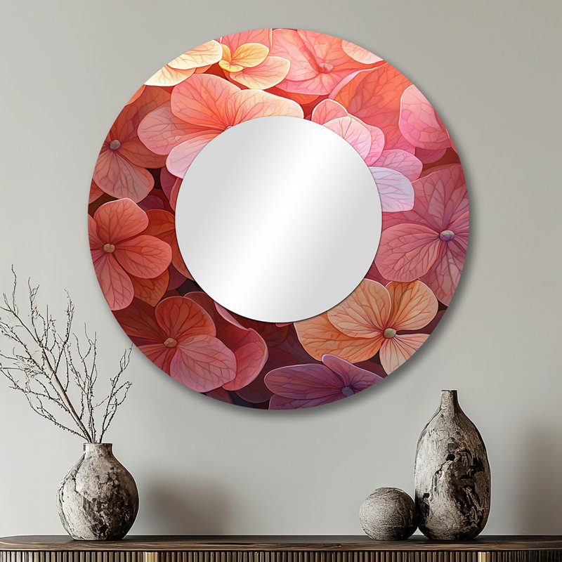 Hydrangeas In The Sunset Glow I - Miroir floral pour décoration murale - imprimé sur métal, 29 po x 29 po