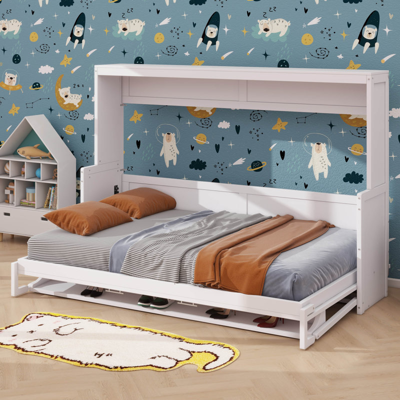 Mihoko Murphy Bed Cabinet with Display Shelf, White, Queen