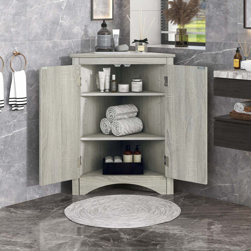Modern MDF Triangle Corner Storage Cabinet With Adjustable Shelves For Bathroom Organization And Space-Saving Design, Oak