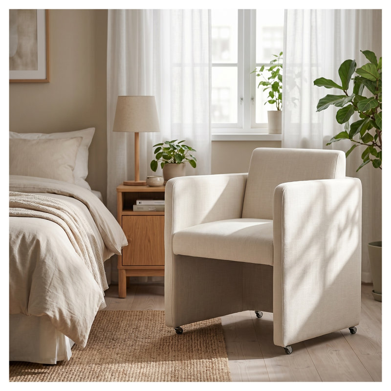 Chaise de baril moderne avec assise rembourrée, chaise de cuisine d'appoint en tissu crème avec pieds en bois