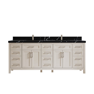 Cambridge 84 In. W X 22 In. D Double Sink Bathroom Vanity In Fine Grain With 2 In. Calacatta Black Quartz