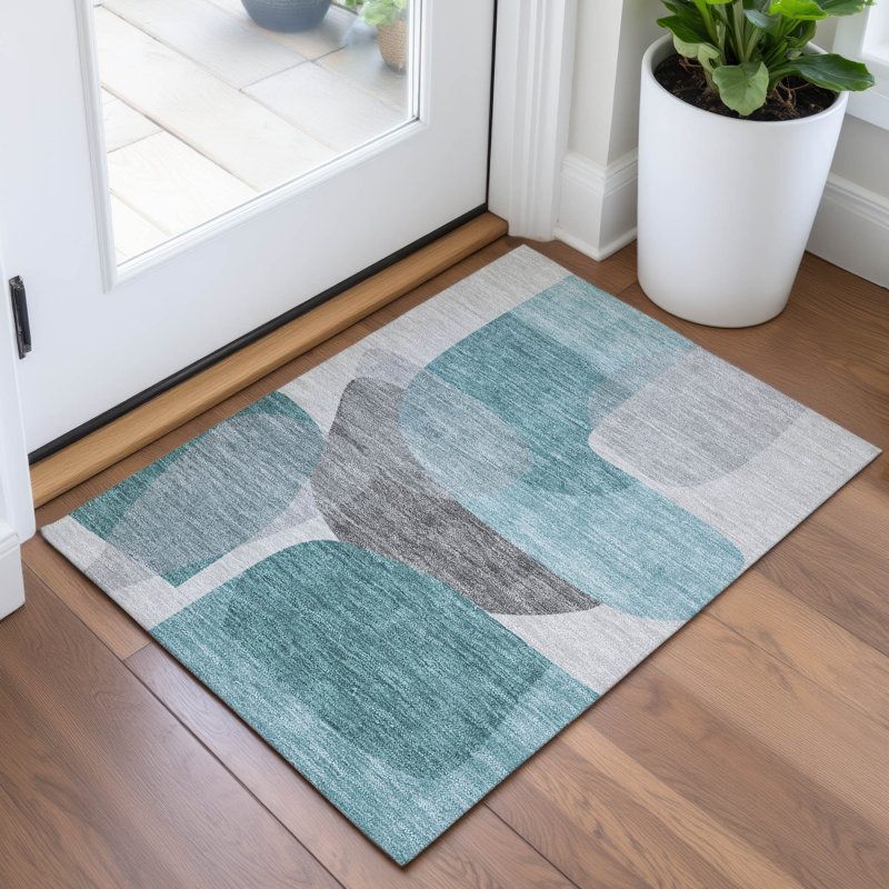 Machine Washable Indoor/Outdoor Xhevrie Teal Rug, Rectangle 1'8" x 2'6"