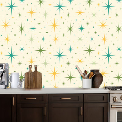Peel and Stick PVC Wallpaper, Removable Self-Adhesive Wall Covering With Mid Century Modern Starburst Green Yellow Beige Print, Waterproof for Home Decor - Roll