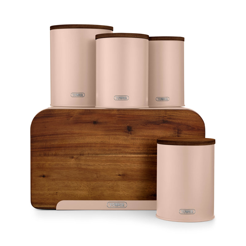 Tower Scandi 5 Piece Acacia Wood Storage Set with Bread Bin, Biscuit Barrel, Canisters, Pink Clay