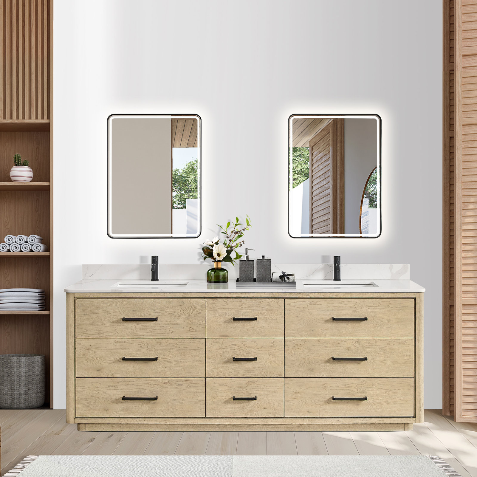 Porto 84'' Double Bathroom Vanity, Natural Oak, Matte Black