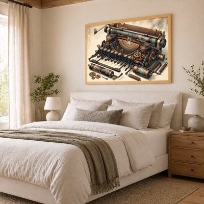 Art mural encadré d'aspect chêne naturel pour salon, chambre à coucher, bureau ou vestibule - décoration murale décorative avec machine à écrire Steampunk