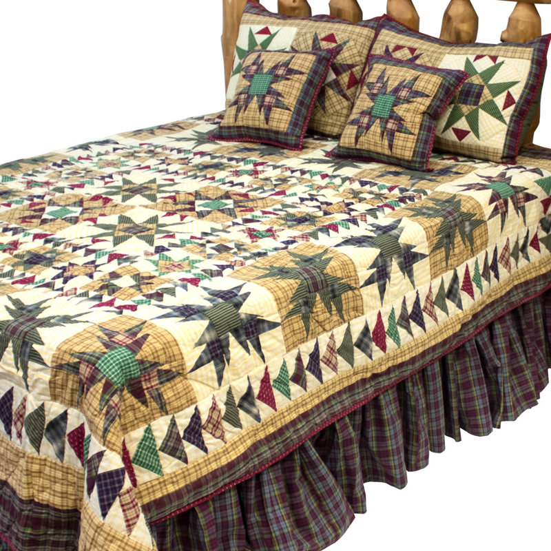 Forever Farmhouse / Country Cotton Geometric Shapes Quilt, Full / Queen Quilt, Pale Yellow/Hunter Green/Brown