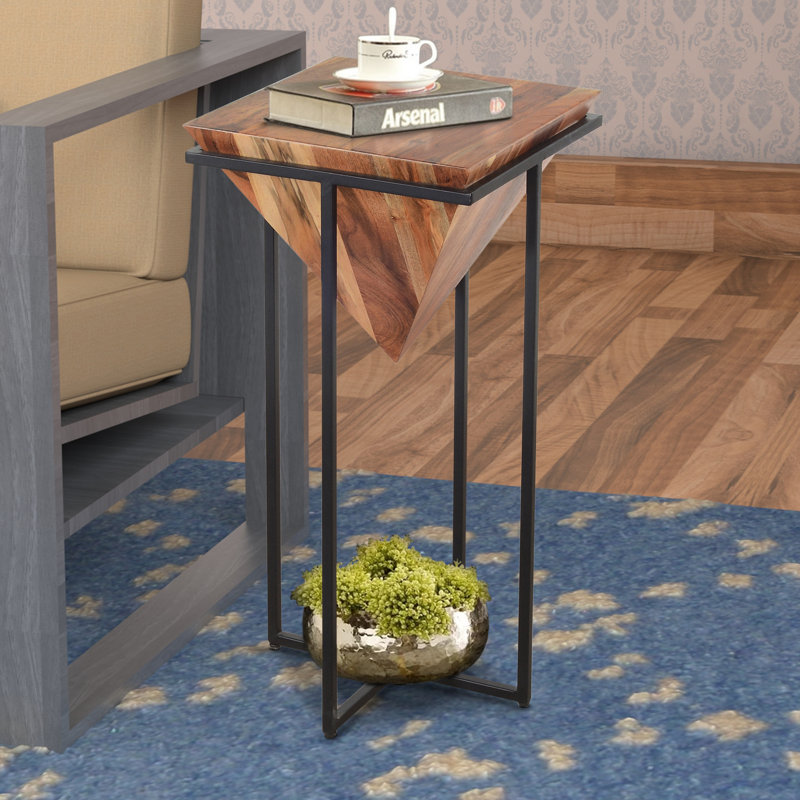 Cherine Pyramid Shape Acacia Wood Side Table With Cross Iron Base, Brown and Black, 30" H x 15" W x 15" D