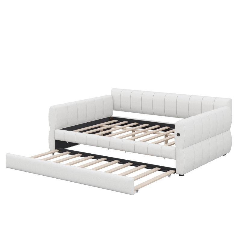 Queen-Size Fabric-Upholstered Platform Bed With Roll-Out Trundle Bed, White