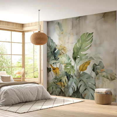 Murale de feuilles de Monstera tropical, feuillage de jungle botanique vert sur fond de béton neutre, décoration murale déclaration de nature moderne