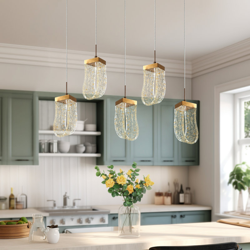 Aeyilana Brass and Crystal 5-Light LED Kitchen Island Pendant