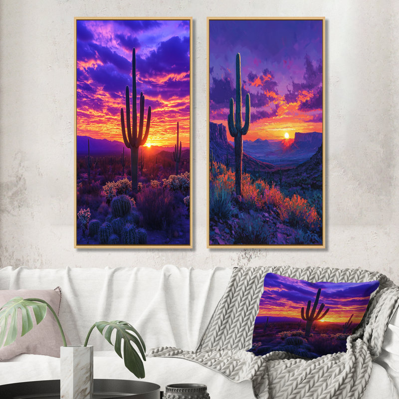 Cactus du désert au coucher du soleil - Collection de 2 panneaux d'art sur toile florale, 40" H x 41" W, Cadre crème crème