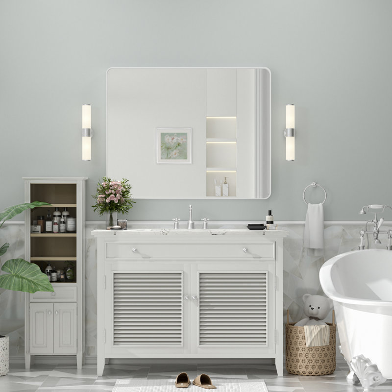 Miroir de salle de bain mural en verre trempé et métal Molly, 40 po x 32 po, Blanc, Rectangle(Rounded Corner)