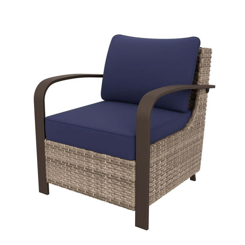 Blue Cushioned Brown Steel Wicker Lounge Chair