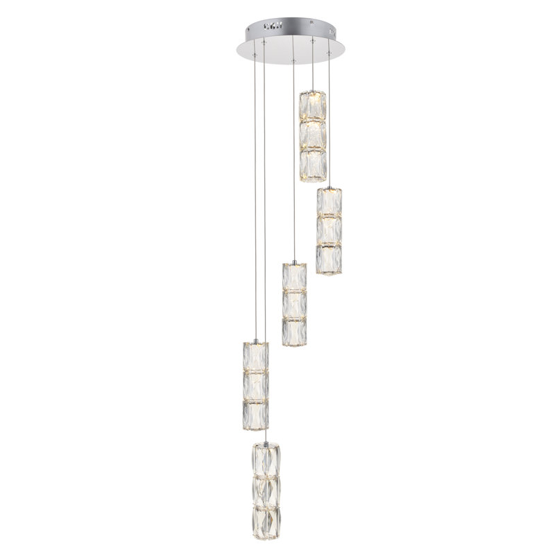 Luminaire suspendu cylindrique à 5 lumières DEL avec accents de cristal Alfee, Chrome