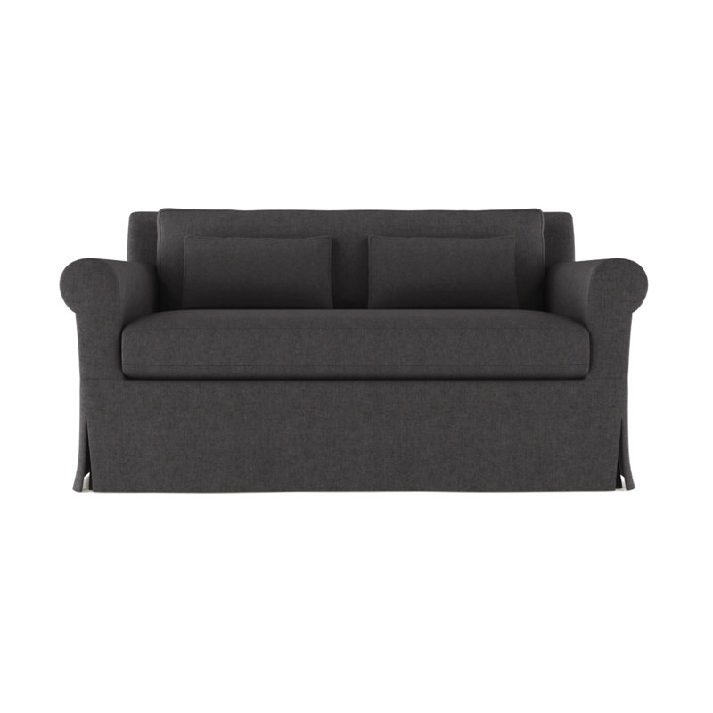 Ludlow Rolled-Arm Skirted Loveseat, 34" H x 60" W x 42" D, Ebony, Box Weave Linen Oyster