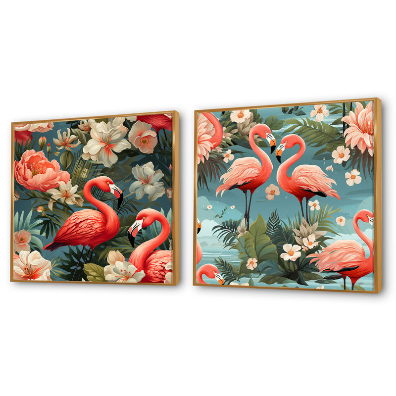 Flamant rose botanique Bliss, H 36 po x l 73 po, Cadre flottant doré