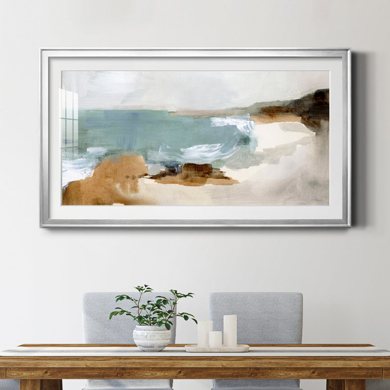 «Ocean Sigh IV» - peinture encadrée, H 10,5 po x l 18,5 po x P 1,5 po, Papier avec cadre argenté, Blanc