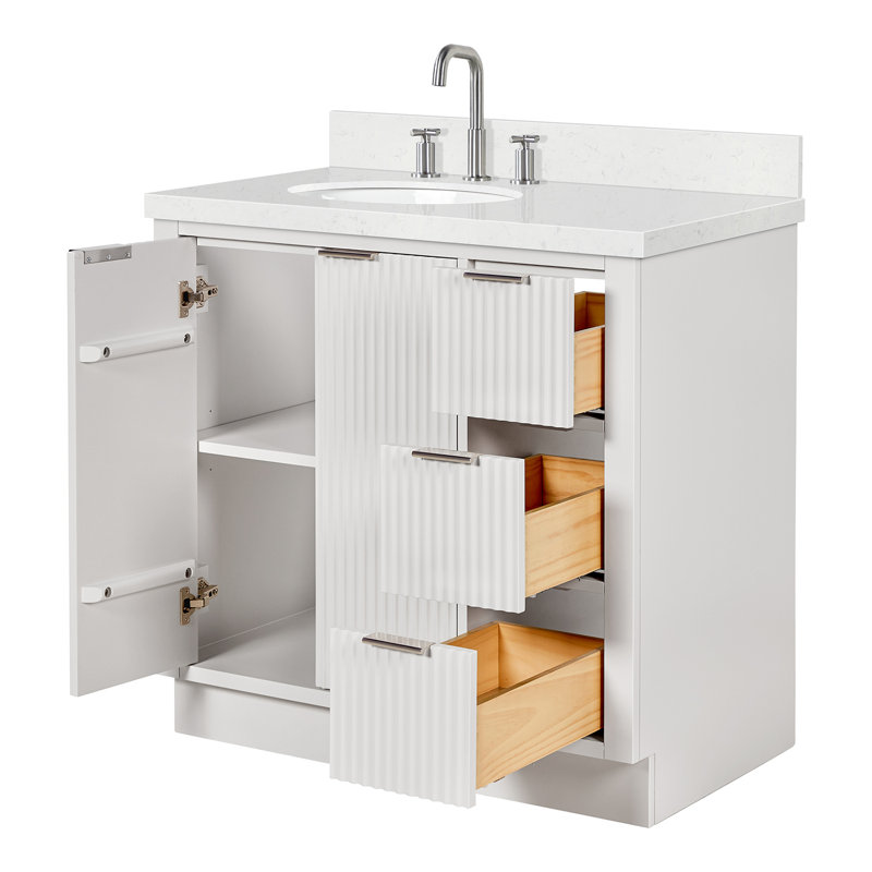 Meuble-lavabo ovale décalé à gauche 36 po avec comptoir à quartz blanc de Carrare Koeninger, Ovale, Blanc chaud, Gauche