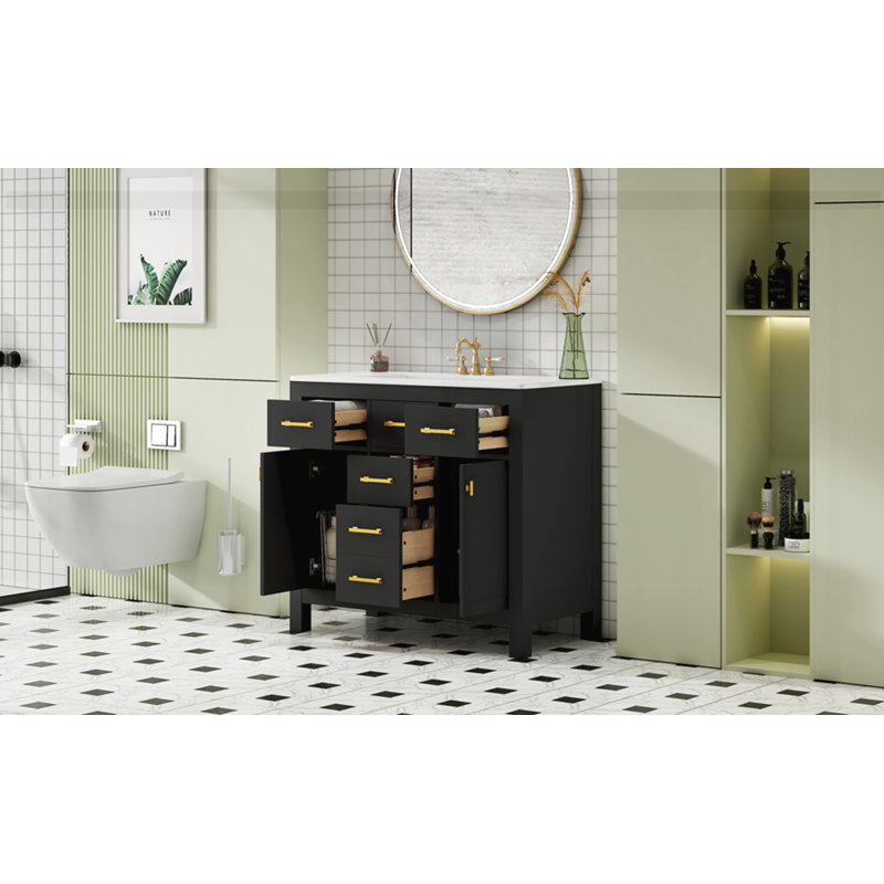 Armoire de salle de bain moderne autoportante simple avec 4 tiroirs et 2 armoires, Noir