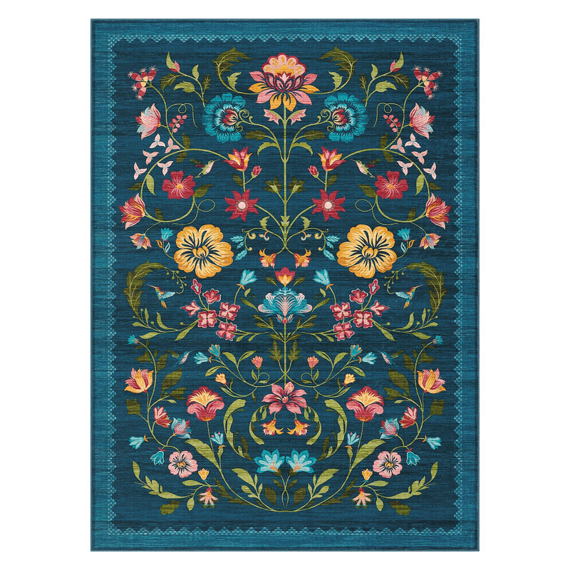 Floral Machine Washable Rug Non-Slip Farmhouse Floor Cover, Stain-Resistant Low Pile Indoor Carpet Mat for Living Room