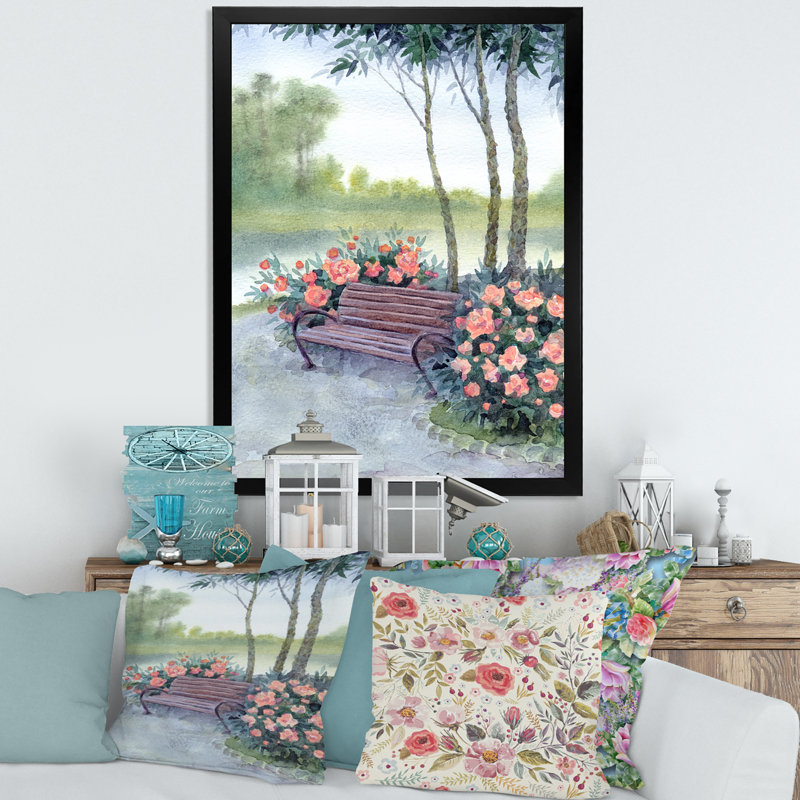 «Bench in Park» par les Pions Bushes - peinture sur toile, H 40 po x l 30 po x 1,5 po, Toile avec cadre noir